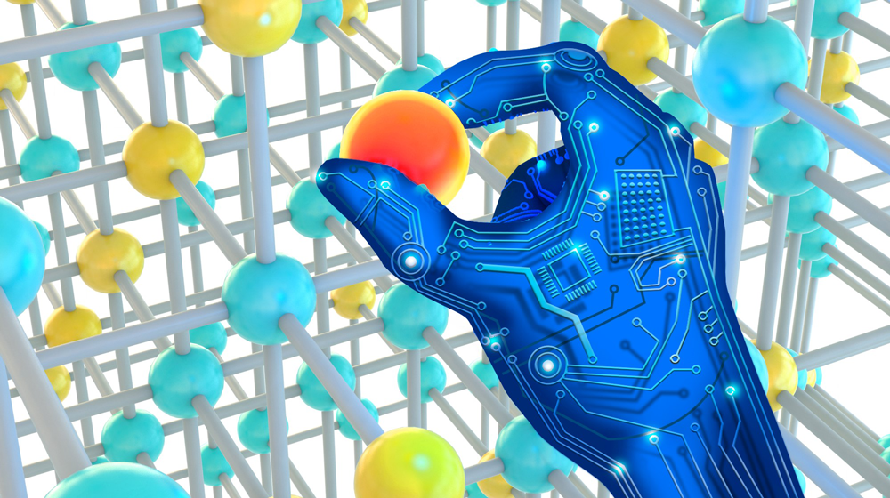 A blue animated hand reaches into a molecule structure.