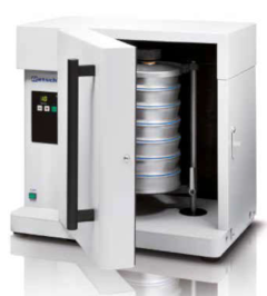 Photograph of a Retsch AS200 Control Sieve Stack in soundproof cabinet, identical to the one at KTH Powder Characterisation Laboratory.
