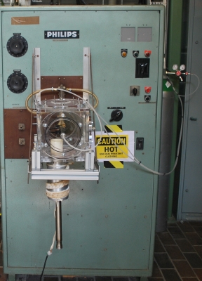 Photograph of the induction furnace that can levitate molten metal droplets. Gases can be introduced to user specifications. The temperature recorded using a non-contact optical thermocouple.