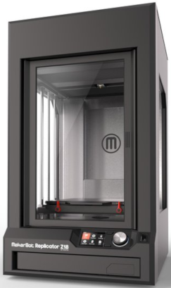 Photograph of the MakerBot Replicator Z18 FDM 3D printer available at the KTH Powder Characterisation Laboratory.  Both standard PLA filaments and MakerBot "tough" filaments are available, as are the appropriate extruder nozzles.